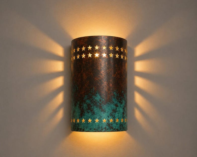 Verdigris Brass Star Wall Sconce – Copper Moroccan Up & Down Light with Pierced Star Cutouts