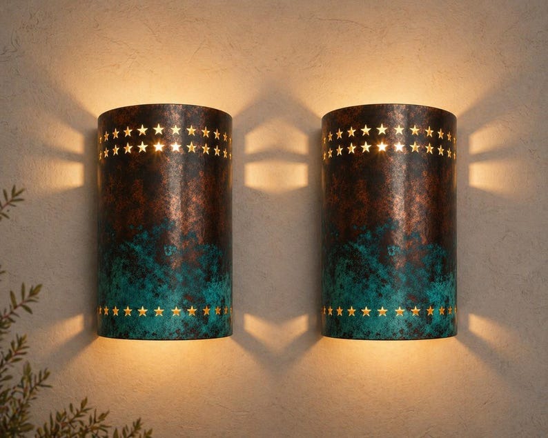 Verdigris Brass Star Wall Sconce – Copper Moroccan Up & Down Light with Pierced Star Cutouts