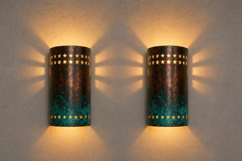 Verdigris Brass Star Wall Sconce – Copper Moroccan Up & Down Light with Pierced Star Cutouts