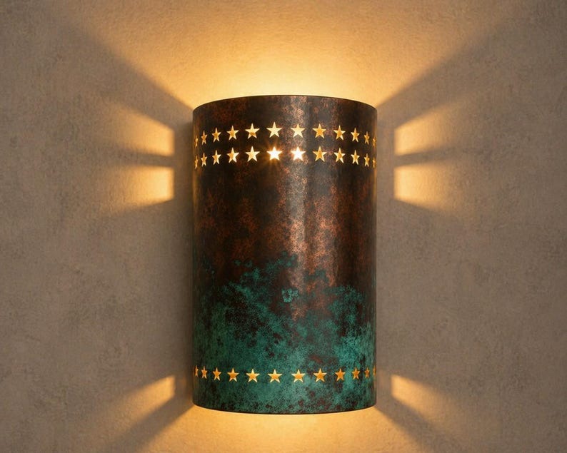 Verdigris Brass Star Wall Sconce – Copper Moroccan Up & Down Light with Pierced Star Cutouts
