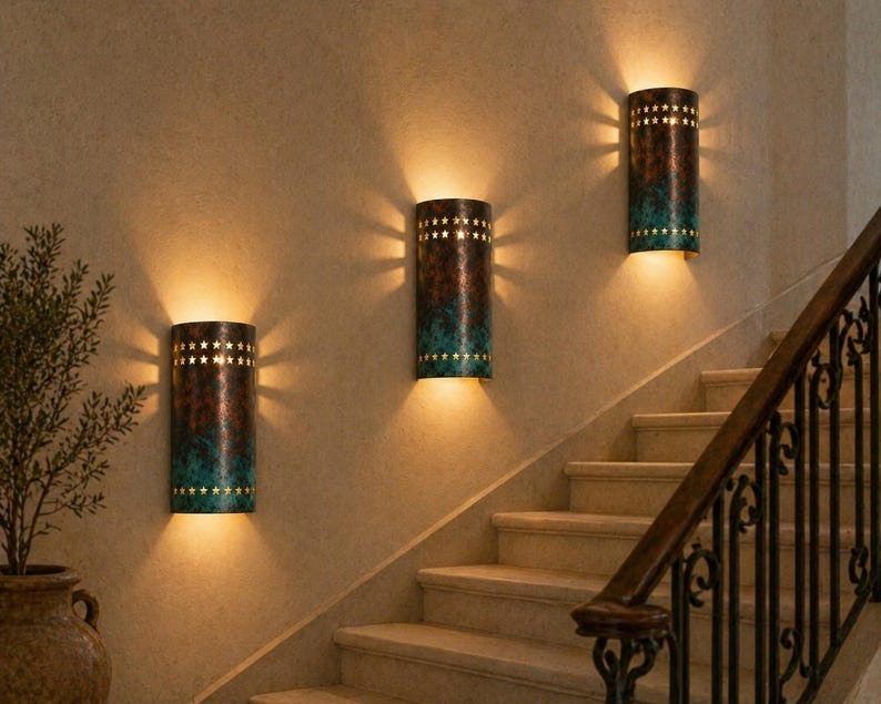Verdigris Brass Star Wall Sconce – Copper Moroccan Up & Down Light with Pierced Star Cutouts