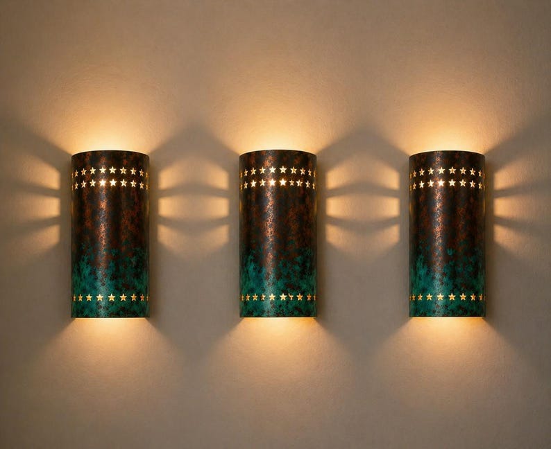 Verdigris Brass Star Wall Sconce – Copper Moroccan Up & Down Light with Pierced Star Cutouts