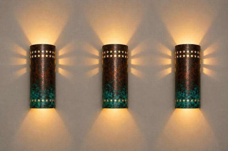 Verdigris Brass Star Wall Sconce – Copper Moroccan Up & Down Light with Pierced Star Cutouts