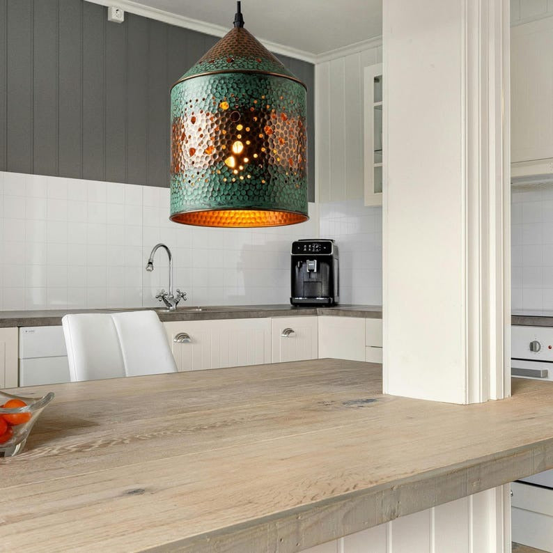 Handmade Moroccan Brass Cylinder Pendant Light – Hammered Green Verdigris Hanging Lantern with Pierced Starburst Pattern and Warm Copper Interior for Kitchen Island, Dining Room & Entryway