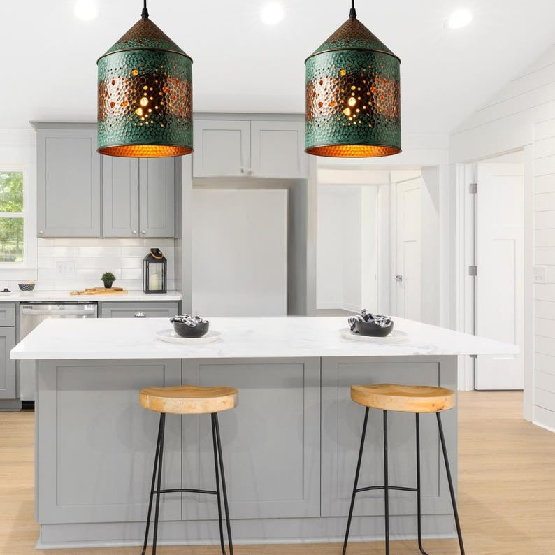 Handmade Moroccan Brass Cylinder Pendant Light – Hammered Green Verdigris Hanging Lantern with Pierced Starburst Pattern and Warm Copper Interior for Kitchen Island, Dining Room & Entryway