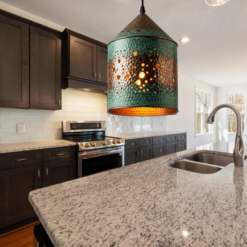 Handmade Moroccan Brass Cylinder Pendant Light – Hammered Green Verdigris Hanging Lantern with Pierced Starburst Pattern and Warm Copper Interior for Kitchen Island, Dining Room & Entryway
