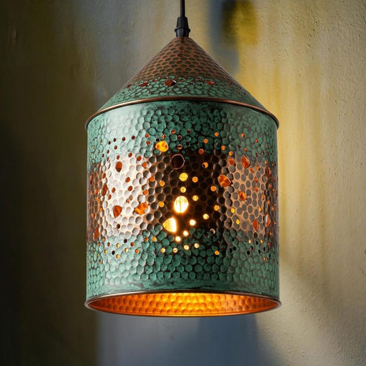 Handmade Moroccan Brass Cylinder Pendant Light – Hammered Green Verdigris Hanging Lantern with Pierced Starburst Pattern and Warm Copper Interior for Kitchen Island, Dining Room & Entryway