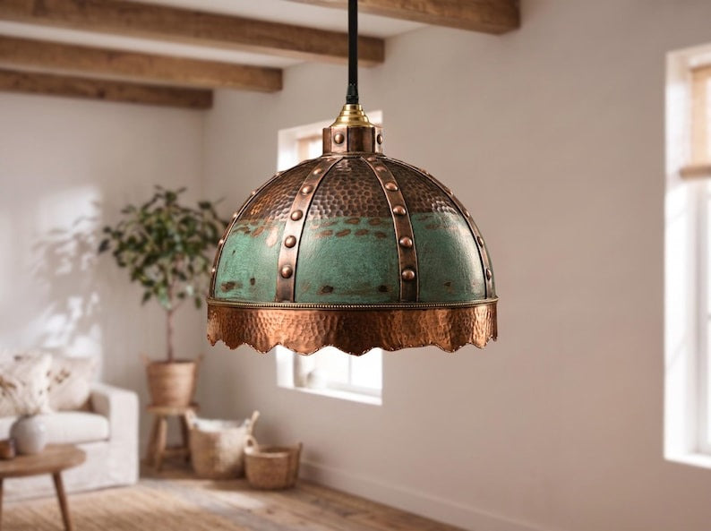 Verdigris & Copper Riveted Brass Dome Pendant Light – Moroccan Scalloped Statement Chandelier