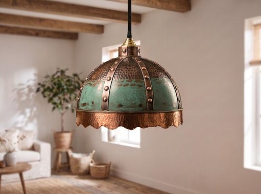 Verdigris & Copper Riveted Brass Dome Pendant Light – Moroccan Scalloped Statement Chandelier