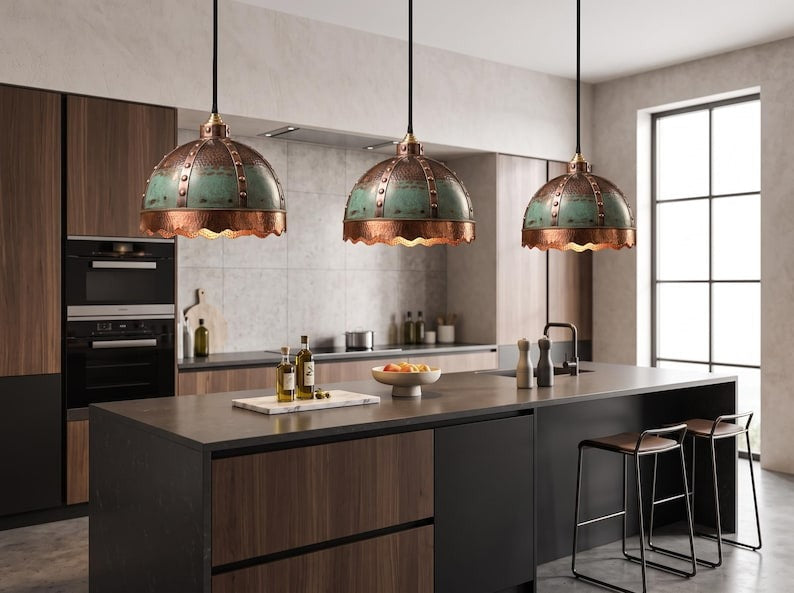 Verdigris & Copper Riveted Brass Dome Pendant Light – Moroccan Scalloped Statement Chandelier