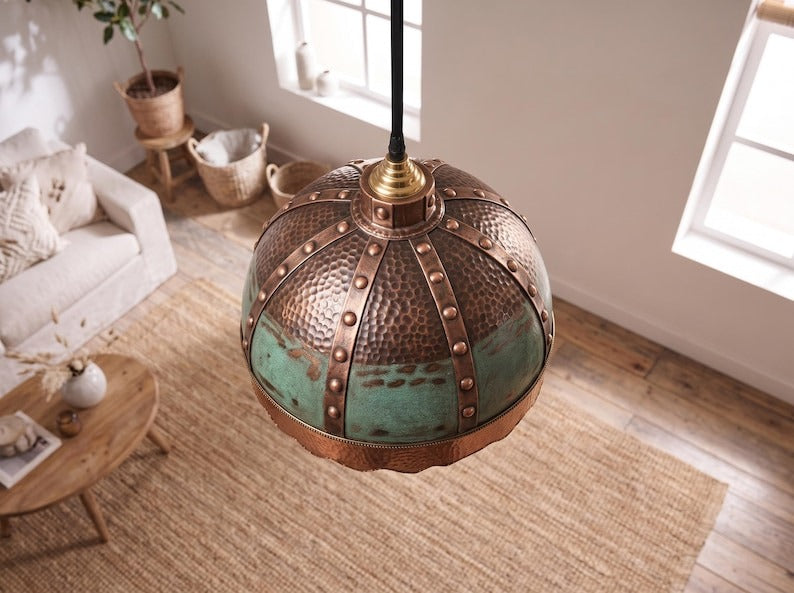 Verdigris & Copper Riveted Brass Dome Pendant Light – Moroccan Scalloped Statement Chandelier