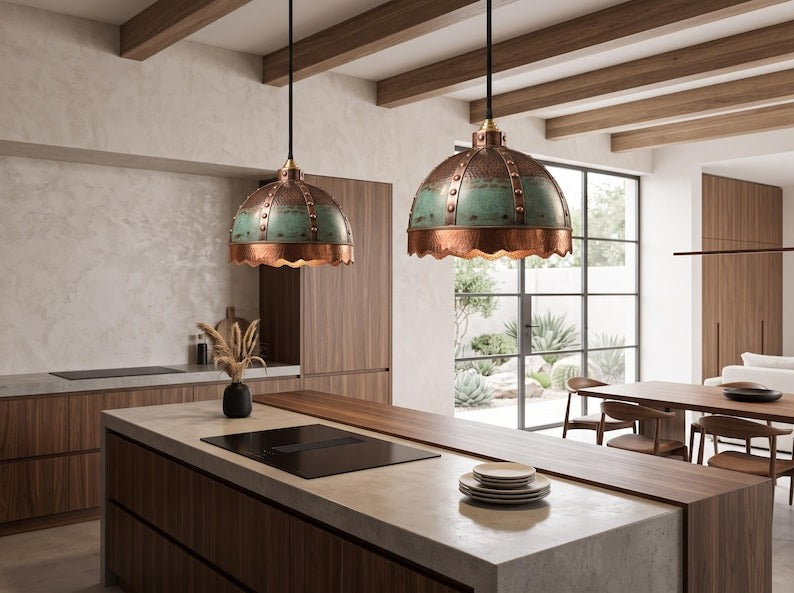 Verdigris & Copper Riveted Brass Dome Pendant Light – Moroccan Scalloped Statement Chandelier