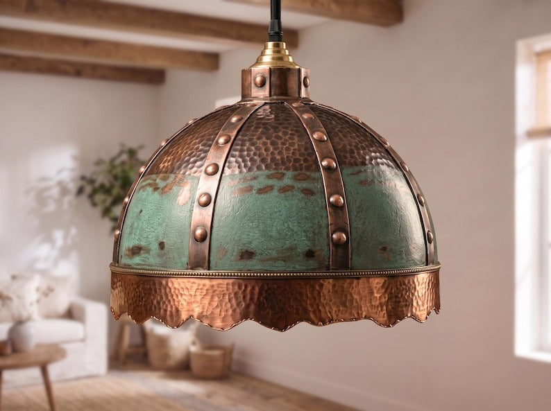 Verdigris & Copper Riveted Brass Dome Pendant Light – Moroccan Scalloped Statement Chandelier