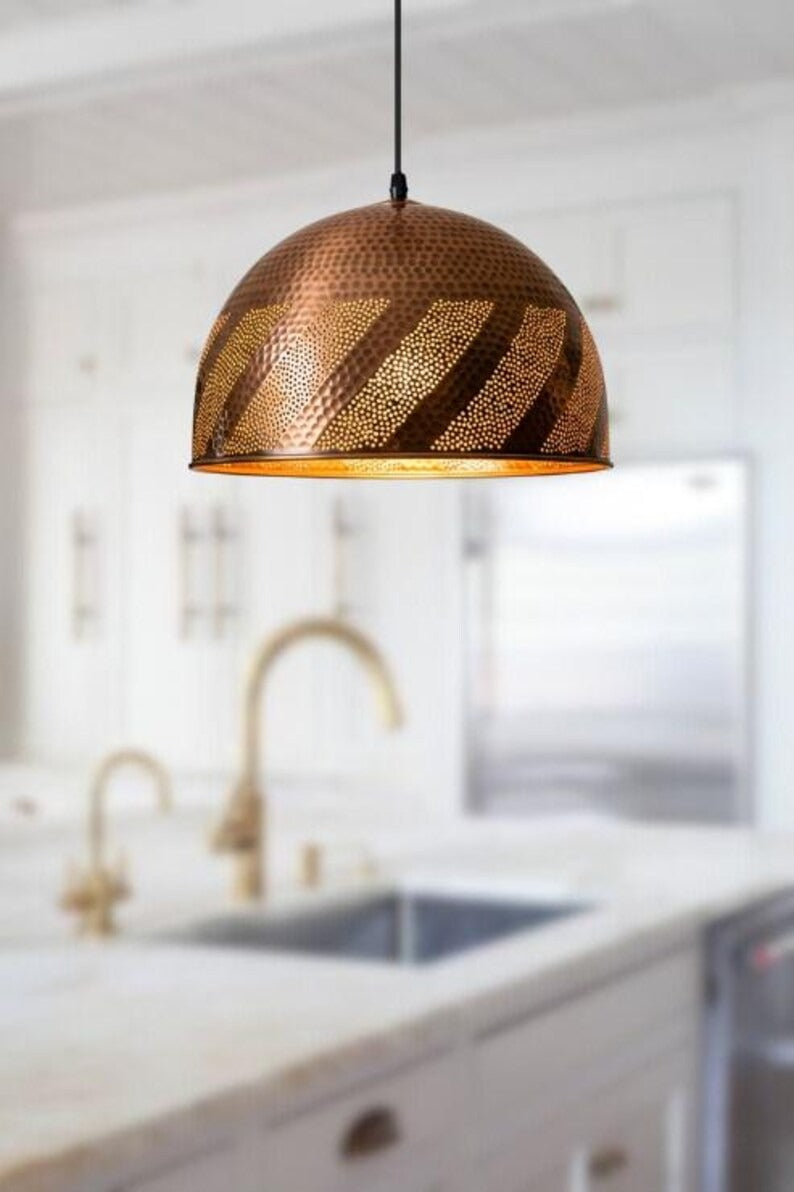 Handmade Hammered Brass Pendant Light – Moroccan Copper Dome Hanging Lamp with Black Diagonal Stripe Pattern for Kitchen Island, Dining Room & Boho Home Décor
