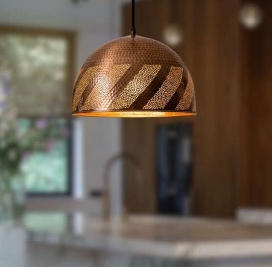 Handmade Hammered Brass Pendant Light – Moroccan Copper Dome Hanging Lamp with Black Diagonal Stripe Pattern for Kitchen Island, Dining Room & Boho Home Décor