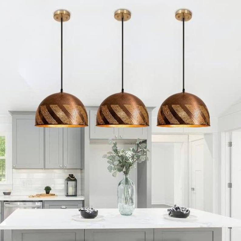 Handmade Hammered Brass Pendant Light – Moroccan Copper Dome Hanging Lamp with Black Diagonal Stripe Pattern for Kitchen Island, Dining Room & Boho Home Décor