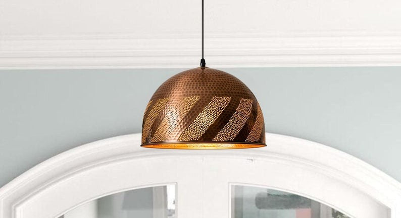 Handmade Hammered Brass Pendant Light – Moroccan Copper Dome Hanging Lamp with Black Diagonal Stripe Pattern for Kitchen Island, Dining Room & Boho Home Décor