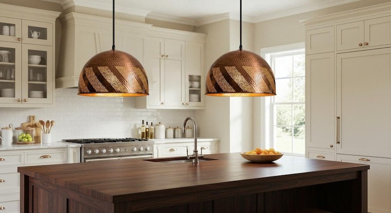 Handmade Hammered Brass Pendant Light – Moroccan Copper Dome Hanging Lamp with Black Diagonal Stripe Pattern for Kitchen Island, Dining Room & Boho Home Décor