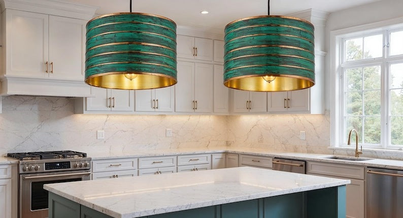 Green Patina Copper Drum Pendant Light, Handmade Moroccan Striped Verdigris Chandelier, Rustic Kitchen Island Hanging Lamp, Boho Farmhouse Dining Room Ceiling Light Fixture