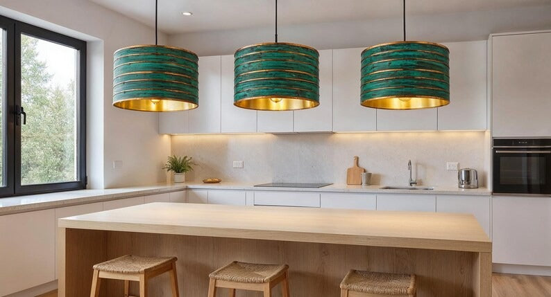 Green Patina Copper Drum Pendant Light, Handmade Moroccan Striped Verdigris Chandelier, Rustic Kitchen Island Hanging Lamp, Boho Farmhouse Dining Room Ceiling Light Fixture
