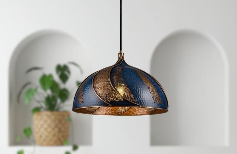 Handmade Moroccan Brass Dome Pendant Light – Blue & Antique Brass Swirl Hanging Lamp with Hammered Pattern, Warm Gold Interior Boho Ceiling Light for Kitchen Island, Dining Room & Living Room