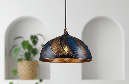 Handmade Moroccan Brass Dome Pendant Light – Blue & Antique Brass Swirl Hanging Lamp with Hammered Pattern, Warm Gold Interior Boho Ceiling Light for Kitchen Island, Dining Room & Living Room