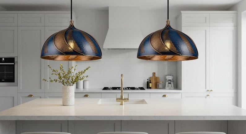 Handmade Moroccan Brass Dome Pendant Light – Blue & Antique Brass Swirl Hanging Lamp with Hammered Pattern, Warm Gold Interior Boho Ceiling Light for Kitchen Island, Dining Room & Living Room