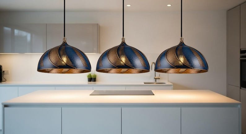 Handmade Moroccan Brass Dome Pendant Light – Blue & Antique Brass Swirl Hanging Lamp with Hammered Pattern, Warm Gold Interior Boho Ceiling Light for Kitchen Island, Dining Room & Living Room