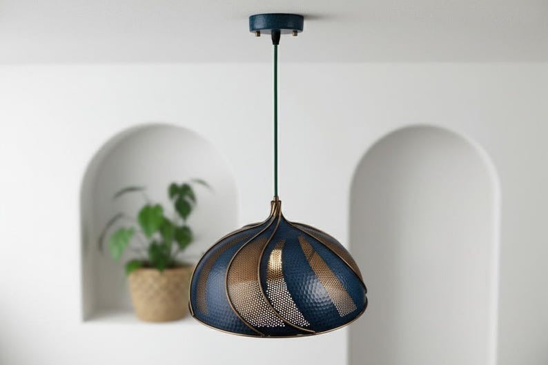 Handmade Moroccan Brass Dome Pendant Light – Blue & Antique Brass Swirl Hanging Lamp with Hammered Pattern, Warm Gold Interior Boho Ceiling Light for Kitchen Island, Dining Room & Living Room