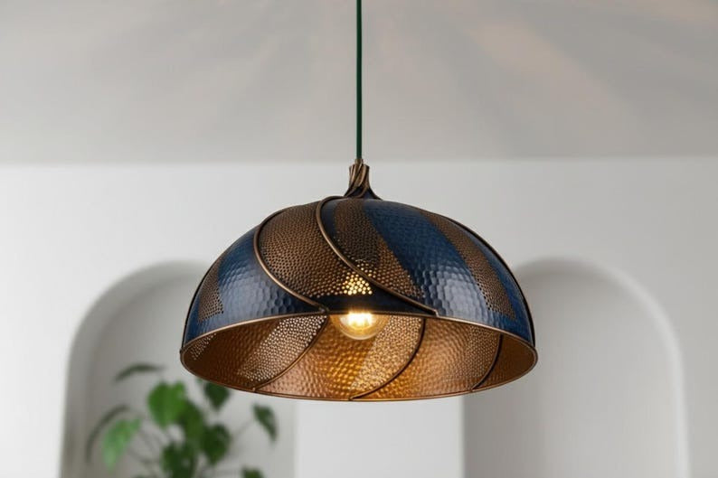 Handmade Moroccan Brass Dome Pendant Light – Blue & Antique Brass Swirl Hanging Lamp with Hammered Pattern, Warm Gold Interior Boho Ceiling Light for Kitchen Island, Dining Room & Living Room