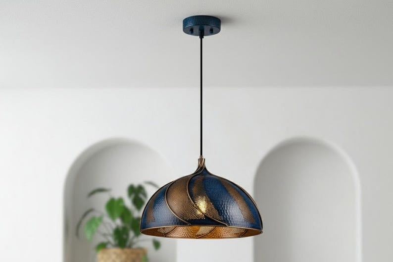 Handmade Moroccan Brass Dome Pendant Light – Blue & Antique Brass Swirl Hanging Lamp with Hammered Pattern, Warm Gold Interior Boho Ceiling Light for Kitchen Island, Dining Room & Living Room
