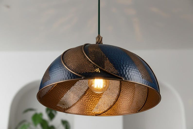 Handmade Moroccan Brass Dome Pendant Light – Blue & Antique Brass Swirl Hanging Lamp with Hammered Pattern, Warm Gold Interior Boho Ceiling Light for Kitchen Island, Dining Room & Living Room