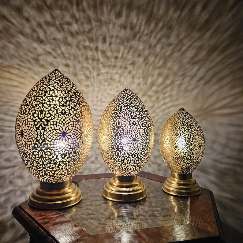 Handmade Moroccan Brass Table Lamp – Pierced Teardrop Lantern with Floral Rosette & Geometric Cutouts, Moorish Ambient Bedroom & Living Room Light