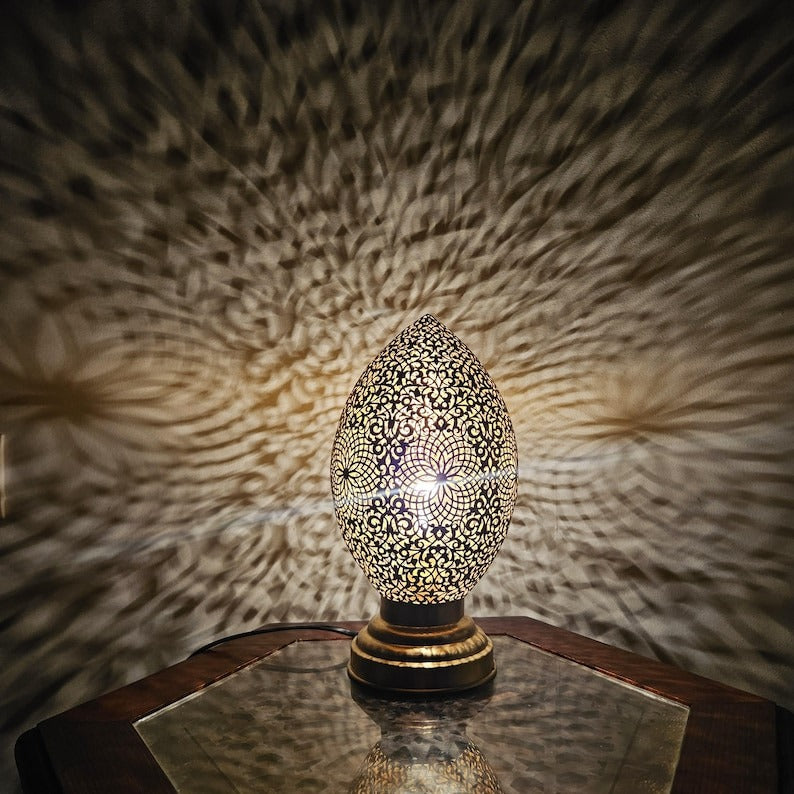 Handmade Moroccan Brass Table Lamp – Pierced Teardrop Lantern with Floral Rosette & Geometric Cutouts, Moorish Ambient Bedroom & Living Room Light