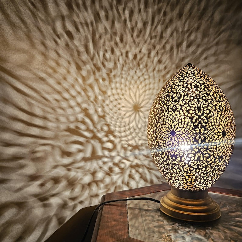 Handmade Moroccan Brass Table Lamp – Pierced Teardrop Lantern with Floral Rosette & Geometric Cutouts, Moorish Ambient Bedroom & Living Room Light