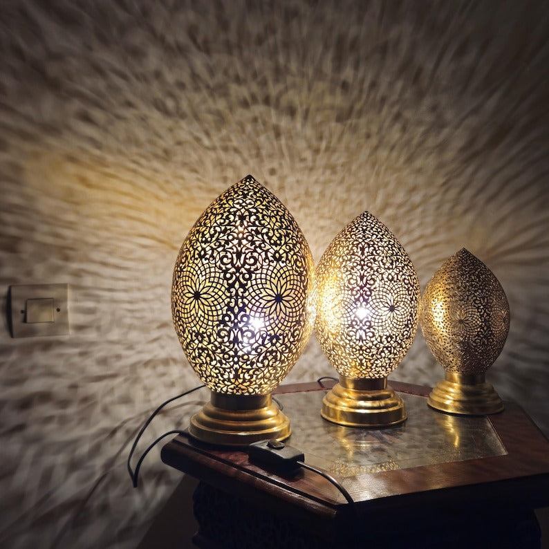 Handmade Moroccan Brass Table Lamp – Pierced Teardrop Lantern with Floral Rosette & Geometric Cutouts, Moorish Ambient Bedroom & Living Room Light