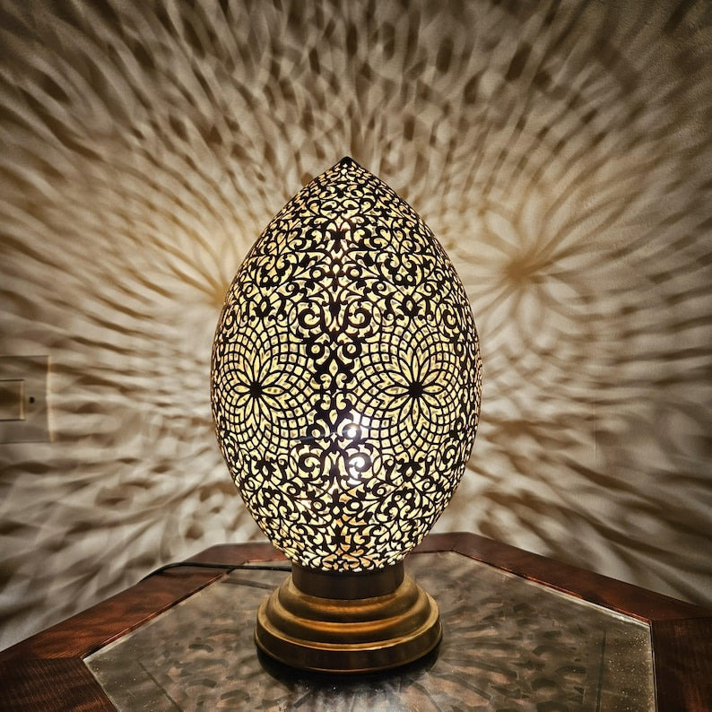 Handmade Moroccan Brass Table Lamp – Pierced Teardrop Lantern with Floral Rosette & Geometric Cutouts, Moorish Ambient Bedroom & Living Room Light