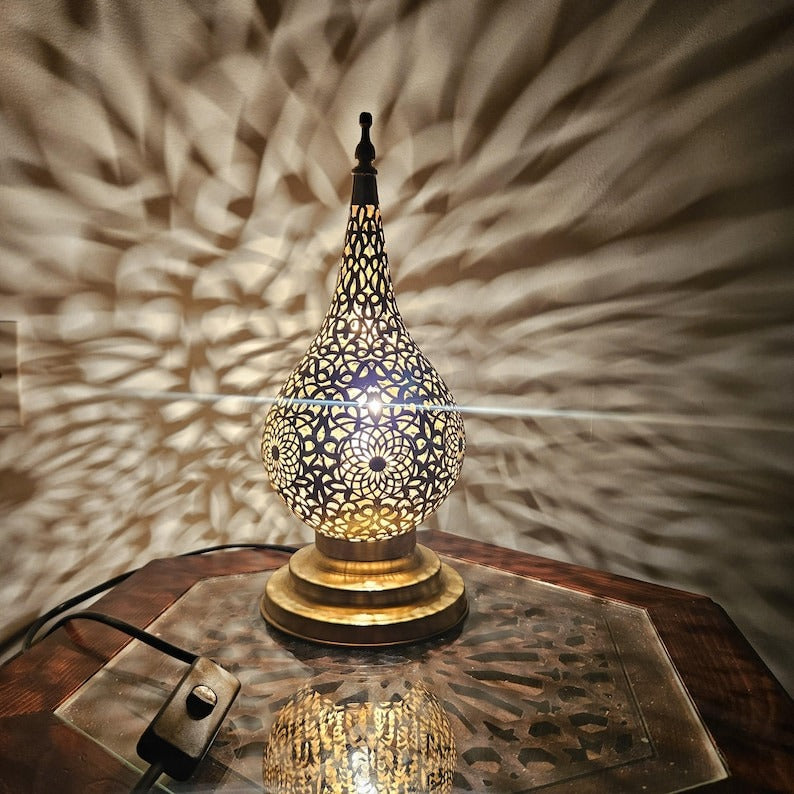 Handmade Moroccan Brass Table Lamp – Pierced Teardrop Lantern with Geometric Floral Cutouts, Moorish Ambient Accent Light for Bedroom & Living Room