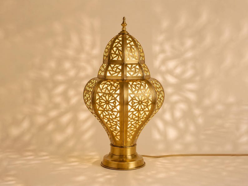 Handmade Moroccan Brass Table Lamp – Ornate Pierced Lantern with Geometric Moorish Cutouts, Antique Gold Bedside Light for Bedroom, Living Room & Entryway