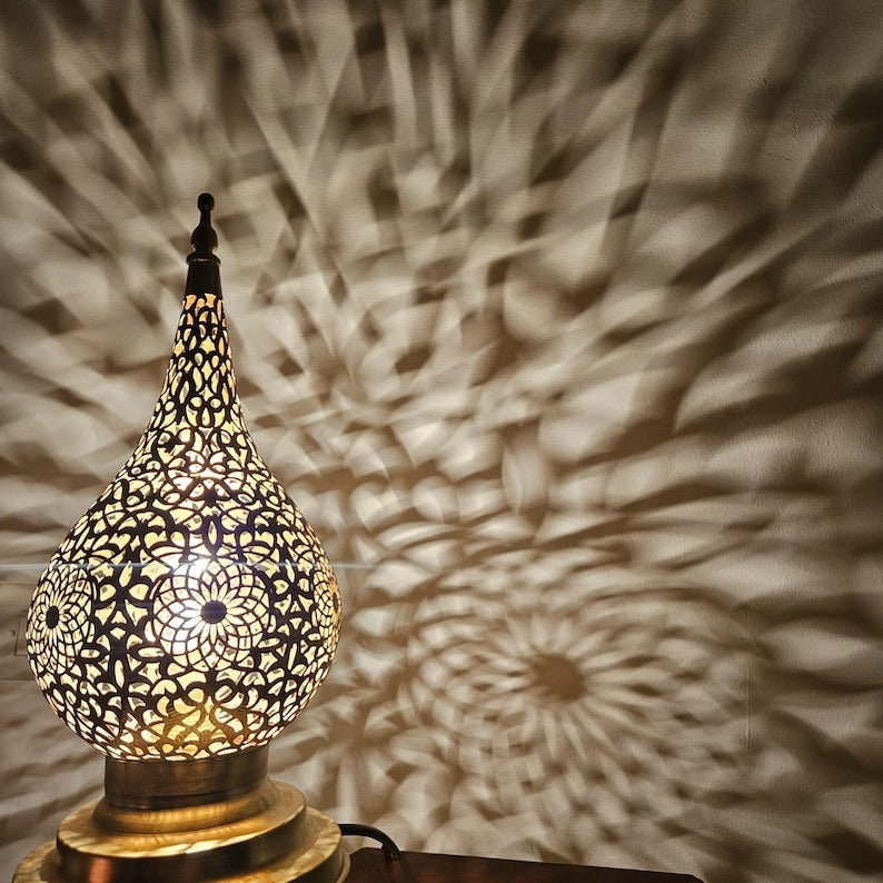 Handmade Moroccan Brass Table Lamp – Pierced Teardrop Lantern with Geometric Floral Cutouts, Moorish Ambient Accent Light for Bedroom & Living Room