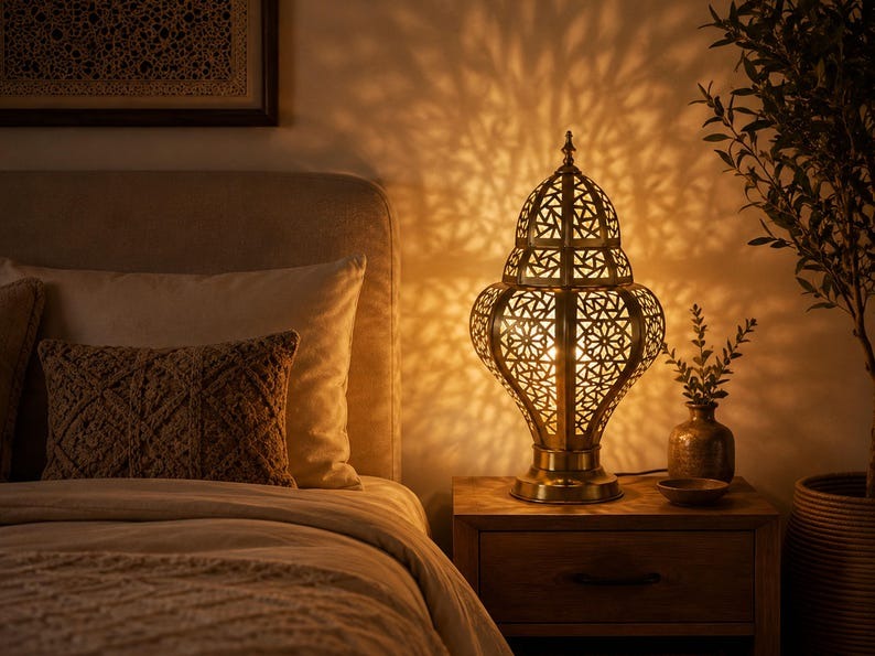 Handmade Moroccan Brass Table Lamp – Ornate Pierced Lantern with Geometric Moorish Cutouts, Antique Gold Bedside Light for Bedroom, Living Room & Entryway