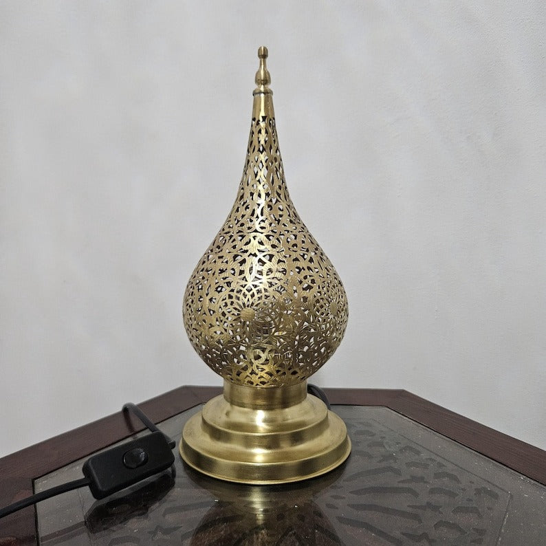 Handmade Moroccan Brass Table Lamp – Pierced Teardrop Lantern with Geometric Floral Cutouts, Moorish Ambient Accent Light for Bedroom & Living Room