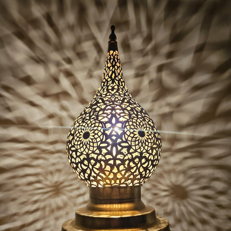 Handmade Moroccan Brass Table Lamp – Pierced Teardrop Lantern with Geometric Floral Cutouts, Moorish Ambient Accent Light for Bedroom & Living Room