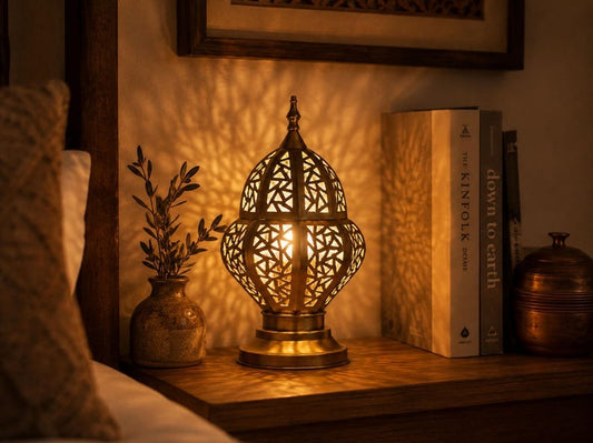 Handmade Moroccan Brass Table Lamp – Ornate Pierced Lantern with Geometric Moorish Cutouts, Antique Gold Bedside Light for Bedroom, Living Room & Entryway