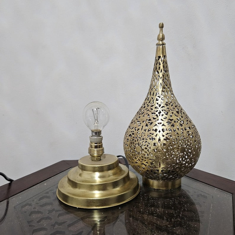Handmade Moroccan Brass Table Lamp – Pierced Teardrop Lantern with Geometric Floral Cutouts, Moorish Ambient Accent Light for Bedroom & Living Room