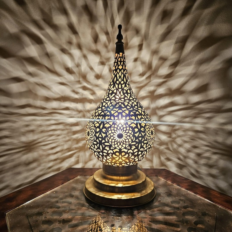 Handmade Moroccan Brass Table Lamp – Pierced Teardrop Lantern with Geometric Floral Cutouts, Moorish Ambient Accent Light for Bedroom & Living Room
