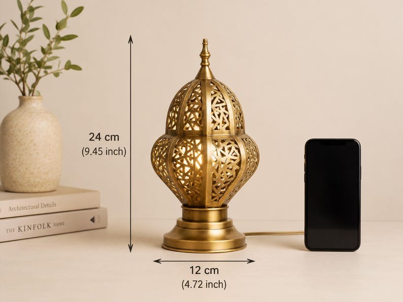 Handmade Moroccan Brass Table Lamp – Ornate Pierced Lantern with Geometric Moorish Cutouts, Antique Gold Bedside Light for Bedroom, Living Room & Entryway