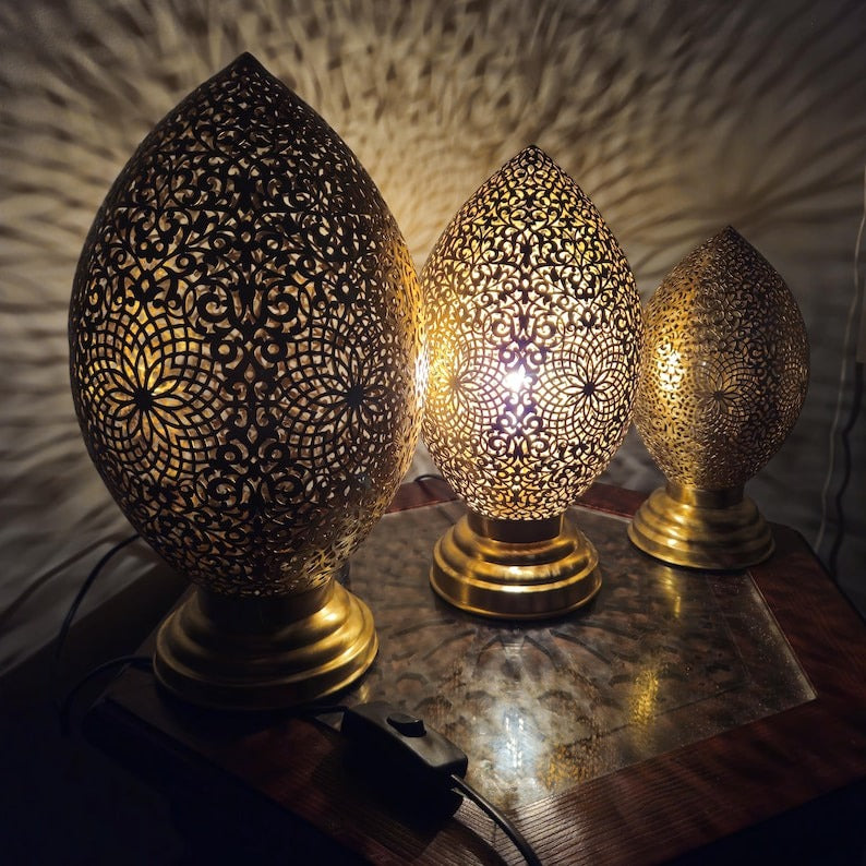 Handmade Moroccan Brass Table Lamp – Pierced Teardrop Lantern with Floral Rosette & Geometric Cutouts, Moorish Ambient Bedroom & Living Room Light