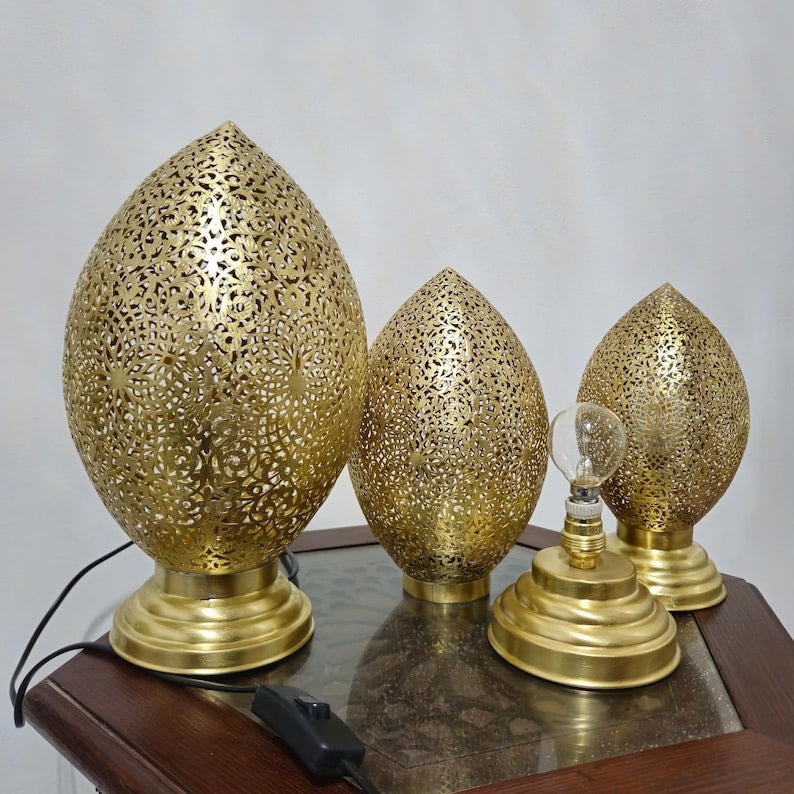 Handmade Moroccan Brass Table Lamp – Pierced Teardrop Lantern with Floral Rosette & Geometric Cutouts, Moorish Ambient Bedroom & Living Room Light