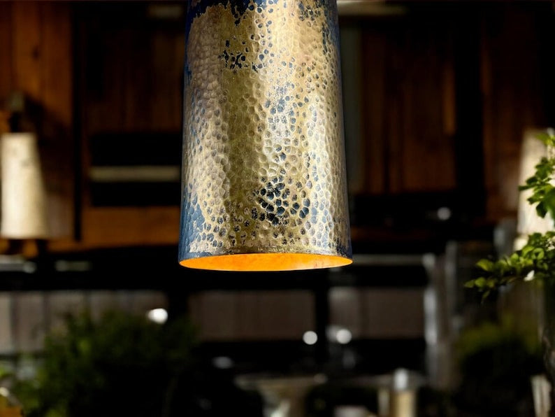 Handmade Moroccan Brass Pendant Light – Tall Hammered Cylinder Ceiling Lamp with Antique Gold Finish, Black Patina Accents & Warm Interior Glow